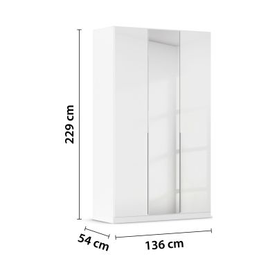 Weißer Drehtürenschrank in Hochglanz mit Spiegeltür und den Maßen 136 cm Breite, 229 cm Höhe und 54 cm Tiefe