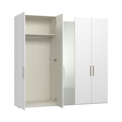 Drehtürenschrank mit geöffneter linker Tür und sichtbarem Innenraum mit Fachboden und Kleiderstange