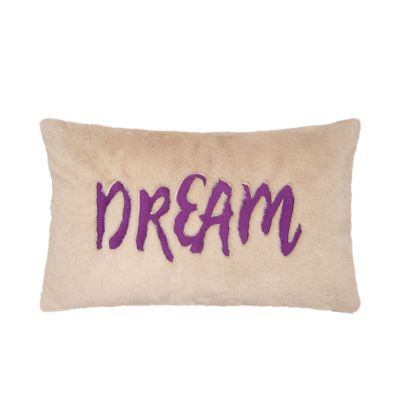 Pastellbeige Kissenhülle Gaze, 30 × 50 cm, mit großem violettem Schriftzug „DREAM“.
