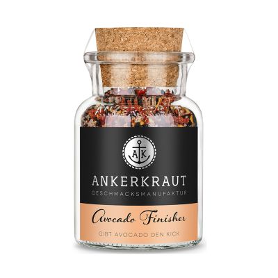 Ankerkraut Avocado Finisher in einem Korkenglas mit schwarzem Etikett; im oberen Glasbereich sind grobe rote und helle Stücke erkennbar.