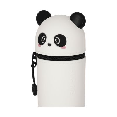 Weißes 2-in-1-Silikon-Federmäppchen im Panda-Design, geschlossen in Nahansicht mit Pandagesicht und Reißverschluss gezeigt.