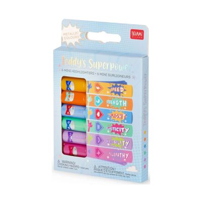Sechs gemusterte Mini-Textmarker mit Tiermotiven, in einer transparenten Kunststoffverpackung gezeigt.