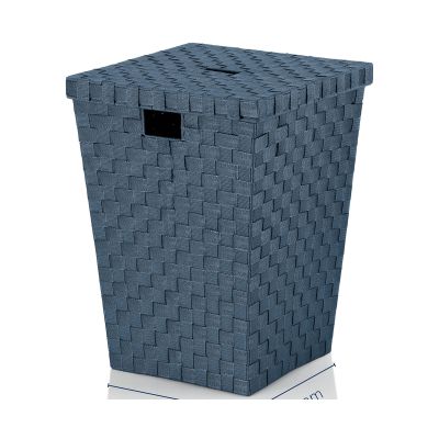 Produktansicht einer blauen Wäschebox mit Deckel Grifföffnung und Angaben zu Material und Größe