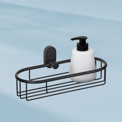 Schwarzer Wandkorb aus Metall mit einem Seifenspender als Anwendungsbeispiel