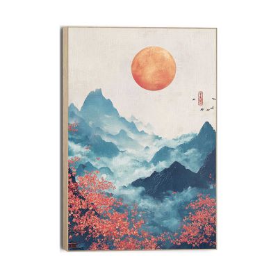 Frontansicht des Wandbilds „Japanese Landscape“ in Blau, Größe 90 × 60 cm; das vollständige Motiv ist zu sehen.