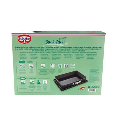 Rückseite der Verpackung der rechteckigen Springform mit Produktinformationen