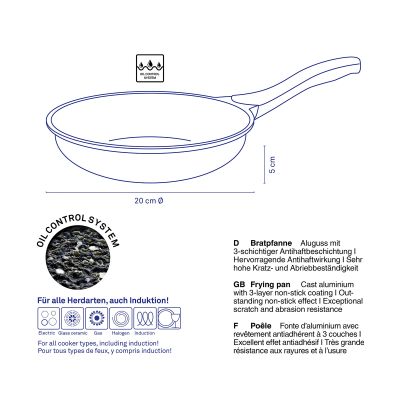 Produktzeichnung der Bratpfanne mit Stielgriff eingezeichneten Abmessungen und ergänzenden Angaben zu Material und Verwendung