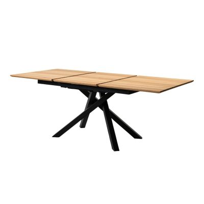 Esstisch mit geschlossener Holzplatte und schwarzem Metall Kreuzgestell