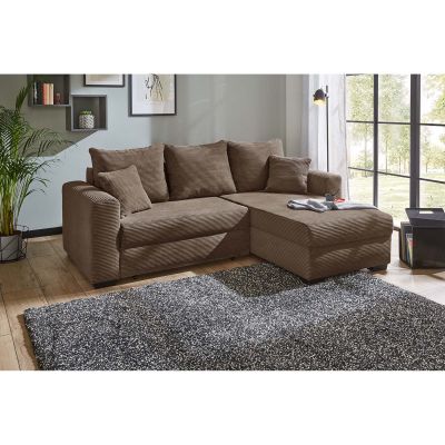 Braunes Ecksofa mit Cordstoff und Ottomane in modern eingerichteter Wohnlandschaft