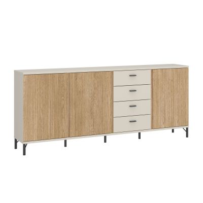 Modernes Sideboard in Kaschmir und Eiche mit zwei Drehtüren, vier Schubladen und schwarzen Metallfüßen