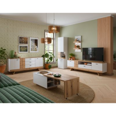 Sideboard in Weiß und Holzoptik als Teil einer modernen Wohnzimmereinrichtung mit TV-Möbeln und Vitrine