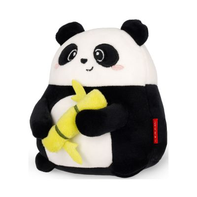 Panda-Plüschtier mit Banane, leicht seitlich auf weißem Hintergrund gezeigt.
