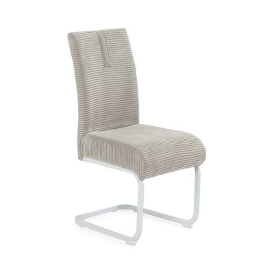 Moderner Freischwinger-Stuhl mit beigem Cordbezug und weiß lackiertem Metallgestell im eleganten Design.