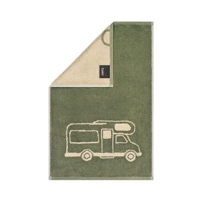 Olivgrünes Gästetuch Postcard Towels mit hellem Wohnwagenmotiv; die beige Rückseite ist an einer Ecke sichtbar.