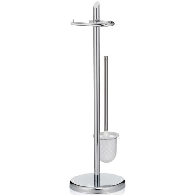 Freistehende Toilettengarnitur in Silber glänzend mit Toilettenpapierhalter WC Bürstenbehälter und rundem Standfuß