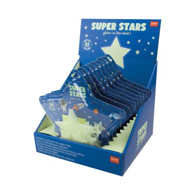 Set selbstklebender Leuchtsterne, mehrfach in einem offenen blauen Verkaufsdisplay gezeigt.