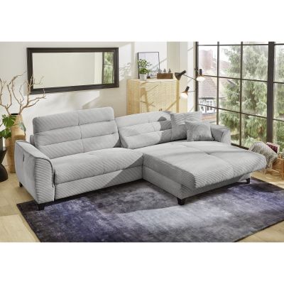 Hellgraues Cord-Ecksofa mit individuell verstellbaren Kopfteilen.