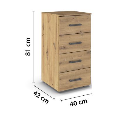 Kommode in Eiche Optik mit Maßangaben Breite 40 cm, Höhe 81 cm und Tiefe 42 cm mit vier Schubladen