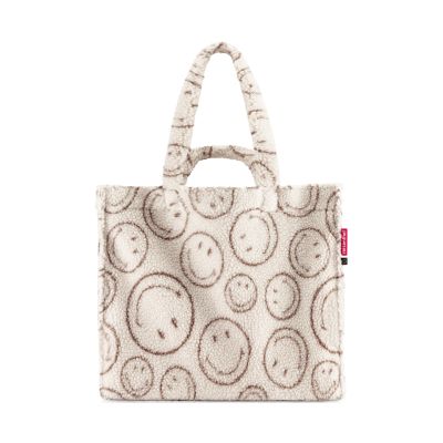 Shopper von Reisenthel, Modell Softshopper, in Creme und Braun mit Smiley-Muster aus Teddyfleece, frontal mit zusammengelegten kurzen Tragegriffen