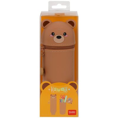 Braunes 2-in-1-Silikon-Federmäppchen im Teddybär-Design, in einer orangefarbenen Fensterverpackung abgebildet.