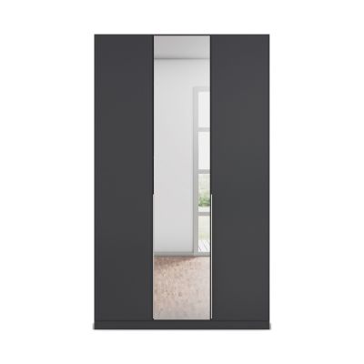 Frontansicht eines grau-metallicen Kleiderschranks mit integrierter Spiegeltür und klaren Linien im minimalistischen Stil