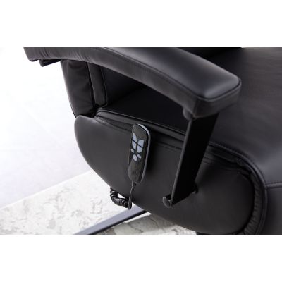 Detailaufnahme der seitlichen Armlehne mit Steuerungselement und Kabel eines schwarzen Relaxsessels