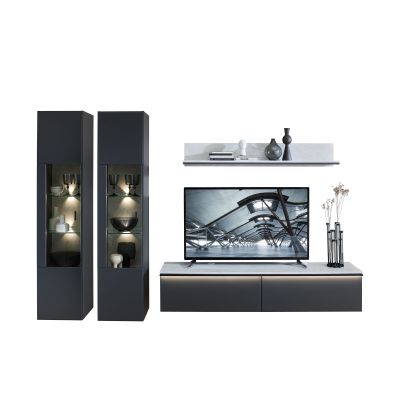 Moderne Wohnwand in Anthrazit mit zwei Vitrinen, TV-Lowboard und Wandboard in Marmoroptik inklusive LED-Beleuchtung.