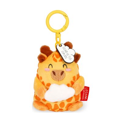 Giraffen-Plüsch-Schlüsselanhänger, frontal mit Schlüsselring auf weißem Hintergrund dargestellt.