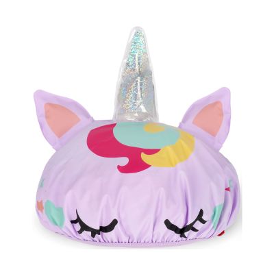 Lilafarbene Duschhaube im Einhorn-Design, frontal mit Tiergesicht, Ohren und elastischem Rand dargestellt.