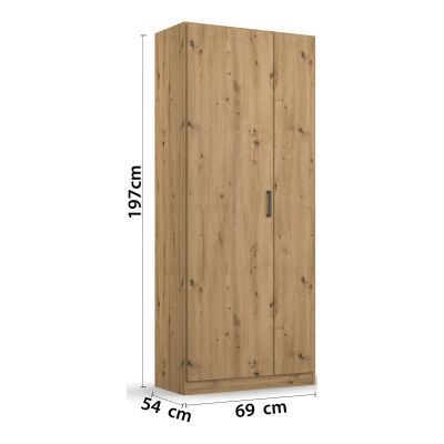 Drehtürenschrank im Dekor Eiche Artisan, Schräge Ansicht, zwei Türen sichtbar, Maße 69 × 197 × 54 cm