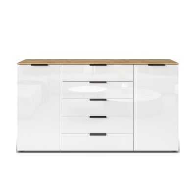 Frontansicht Schrank Korpus Eiche Artisan Front Alpinweiß, 2 Türen, 5 Schubkästen