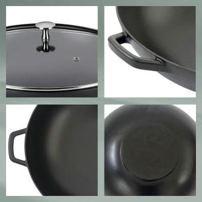 Vier Nahaufnahmen zeigen den Deckelgriff einen seitlichen Griff die schwarze Innenfläche und den runden Boden des Woks