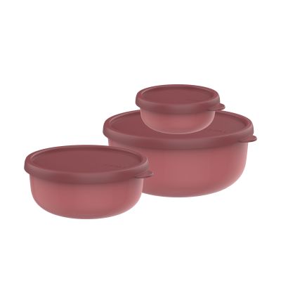 Drei runde Frischhaltedosen mit Deckeln in verschiedenen Größen in Rosa auf weißem Hintergrund.