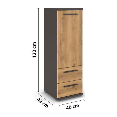Kommode in Graphit mit Dekor Asteiche, 2 Schubkästen und 1 Tür, in Schrägansicht mit eingeblendeten Maßen dargestellt.