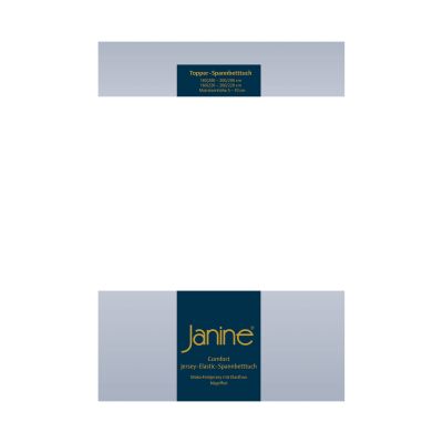 Frontansicht der Verpackung des Janine Topper-Spannbetttuchs 5001 in Weiß mit blauem Etikett und Größenangaben.