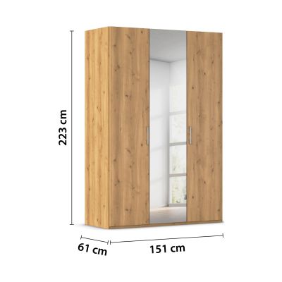 Drehtürenschrank in Asteiche-Dekor mit eingezeichneten Maßen Höhe 223 cm, Breite 151 cm, Tiefe 61 cm