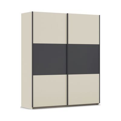 Schwebetürenschrank mit Champagner-Absetzung und Front in Grau Metallic, in Schrägansicht dargestellt.