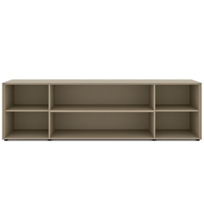 Frontansicht des Lowboard-Korpus in Taupe ohne Türen und Schubladen. Die Innenaufteilung zeigt sechs offene Fächer in zwei Reihen. Die beiden mittleren Fächer sind breiter als die jeweils seitlich angeordneten Fächer.