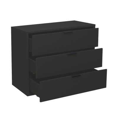 Kommode in Schwarz mit drei geöffneten Schubladen, zeigt großzügigen Stauraum und klares Design