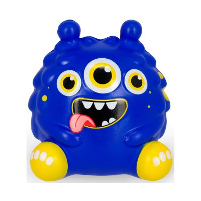 Blaue Antistress-Figur im Monster-Design, frontal auf weißem Hintergrund dargestellt.