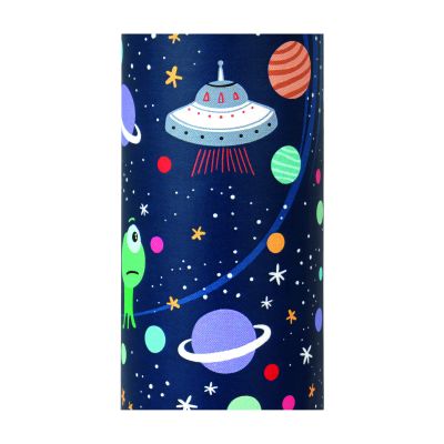 Blaues Kaleidoskop mit Weltraummotiv, mit der bedruckten Motivkarte des Kaleidoskops dargestellt.