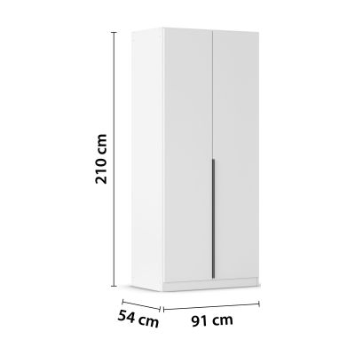 Weißer 2-türiger Kleiderschrank mit Maßangaben Breite 91 cm, Höhe 210 cm und Tiefe 54 cm