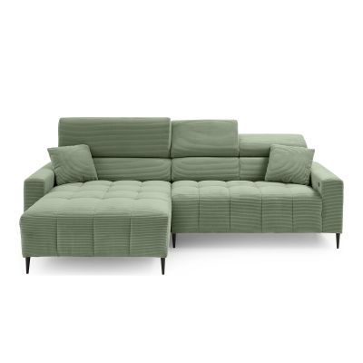 Ecksofa in grünem Cordstoff mit markanter Steppung und geradlinigem Design, auf schwarzen Metallfüßen.