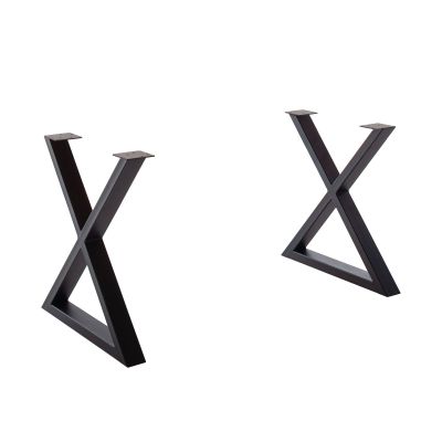 Zwei schwarze X-förmige Metallgestelle für einen Esstisch, separat ohne Tischplatte, vor weißem Hintergrund.