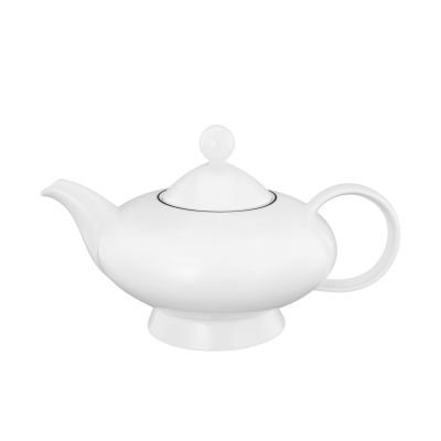 Teekanne in Weiß mit schwarzer Randlinie. Darstellung: Seitenansicht. Merkmale: bauchige Form mit Deckel, Ausguss und Henkel.