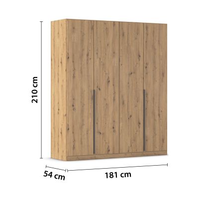4-türiger Kleiderschrank in Eiche Artisan mit Maßangaben Breite 181 cm, Höhe 210 cm und Tiefe 54 cm