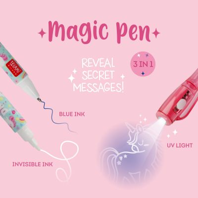 Rosa Geheimstift mit Einhornmotiv, in einer Grafik mit Geheimschrift und UV-Licht-Anwendung erklärt.