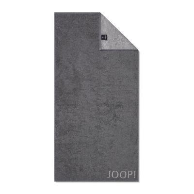 Anthrazitfarbener JOOP! Doubleface Handtuch, 50 × 100 cm, flach dargestellt mit umgeschlagener Ecke, kontrastierender Rückseite und JOOP!-Schriftzug am unteren Rand.