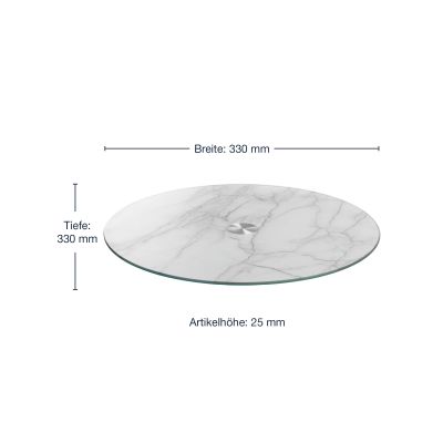 Runde Glas Servierplatte mit Maßangaben 330 mm Durchmesser und 25 mm Höhe