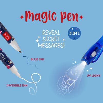 Blauer Geheimstift mit Weltraummotiv, in einer Grafik mit Geheimschrift und UV-Licht-Anwendung erklärt.